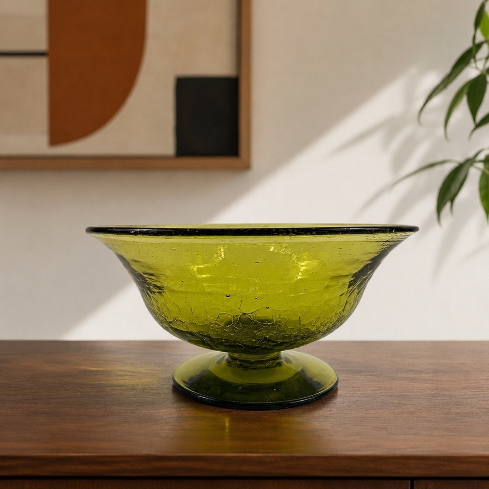 Blenko 931 Chartreuse Green Crackle Glass Footed Bowl Mid Century‎ Modern MCM